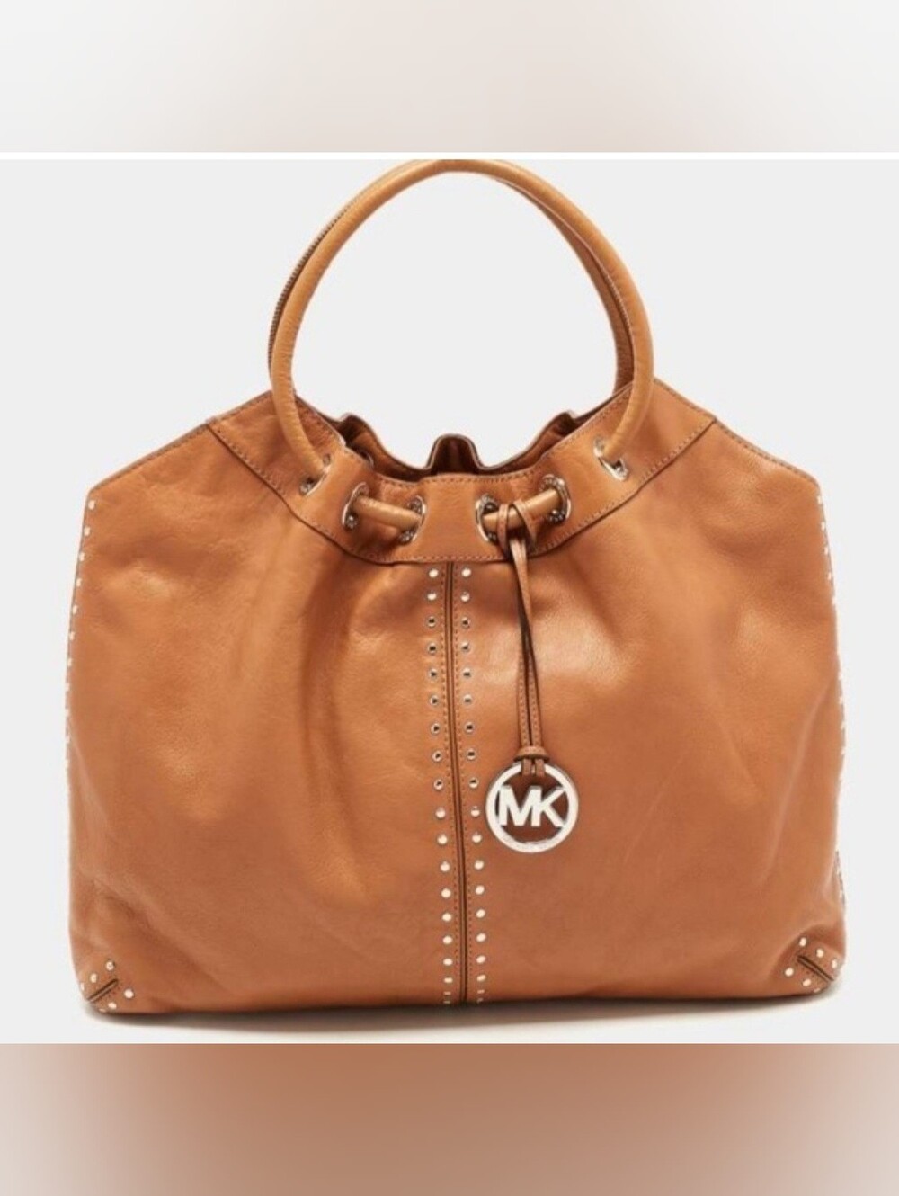 Vintage Michael Kors Astor Studded Ring Tote In Tan Leather.